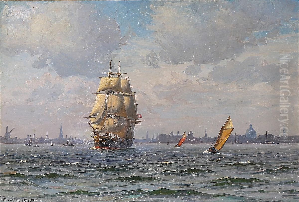 Sejlskibe med Kobenhavn i baggrunden. Oil Painting by Vilhelm Arnesen