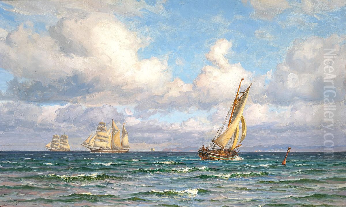 Sailing ships off Kullen, Sweden. Oil Painting by Vilhelm Arnesen