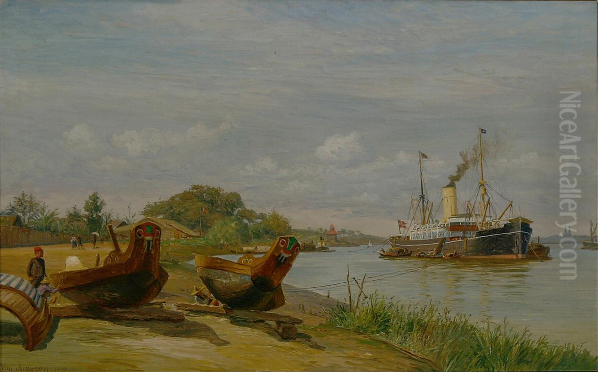The Mekong River. The steamship Annam at Saigon in 1900. Oil Painting by Vilhelm Arnesen
