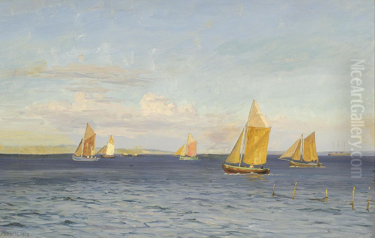 Sailboats at sea. Oil Painting by Vilhelm Arnesen