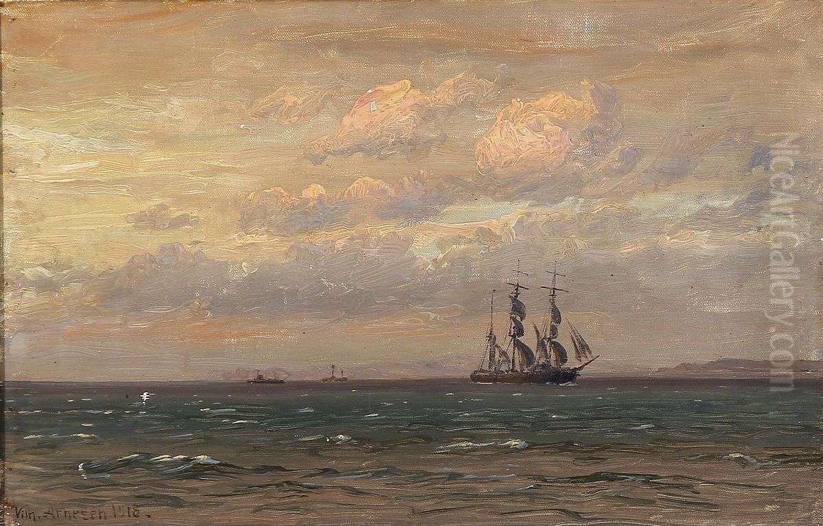 Sejlskibe pa en skyet dag. Oil Painting by Vilhelm Arnesen