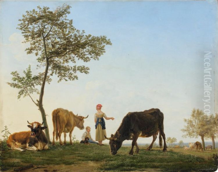 Couple of herders with a cow herd Oil Painting by Jean Baptiste Berre
