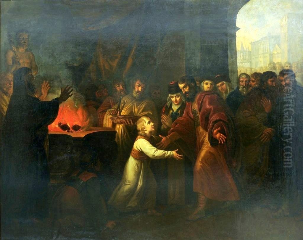 Mieczyslaw I podczas swietego obrzedu postrzyzyn odzyskuje wzrok. (Postrzyzyny Mieszka I) Oil Painting by Jozef Peszka