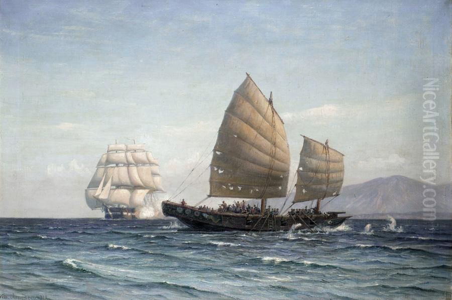 A naval engagement. Oil Painting by Vilhelm Arnesen