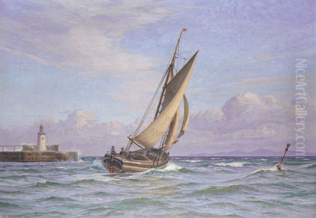 Sejlskib runder et havnefyr. Oil Painting by Vilhelm Arnesen