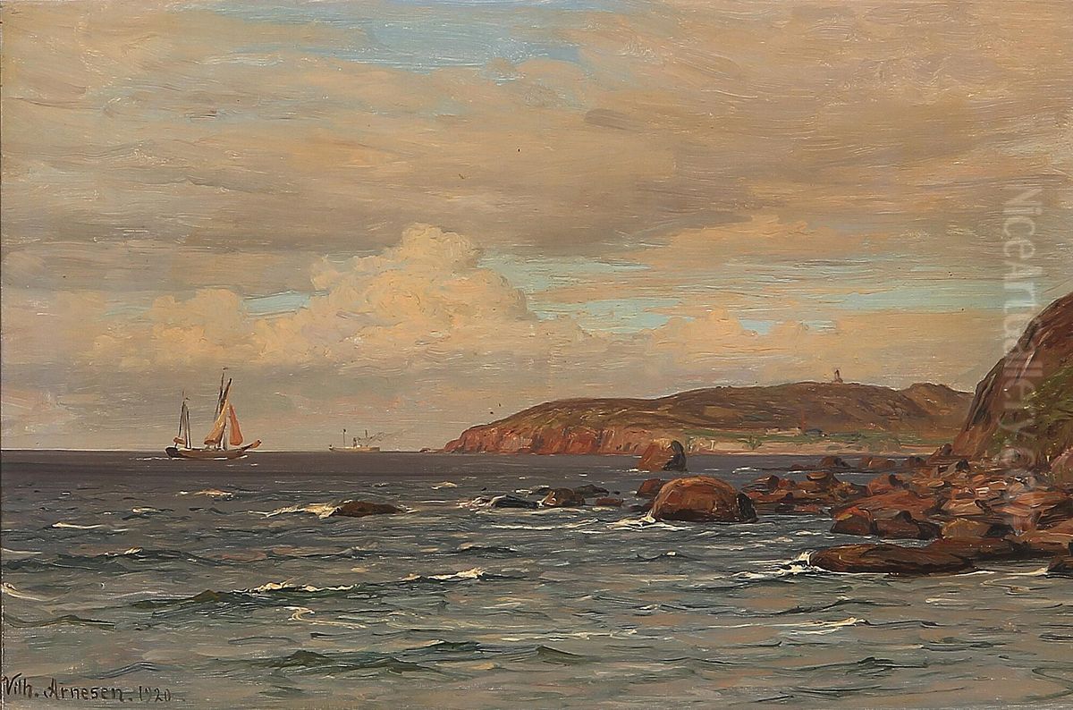 Coastal scene at Hammershus on Bornholm. Oil Painting by Vilhelm Arnesen