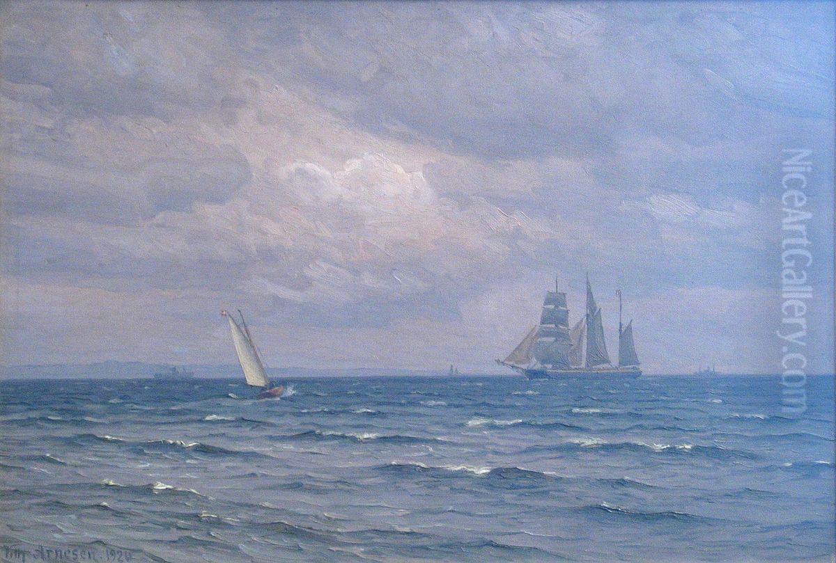 Sejl- og dampskibe naer en kyst. Oil Painting by Vilhelm Arnesen