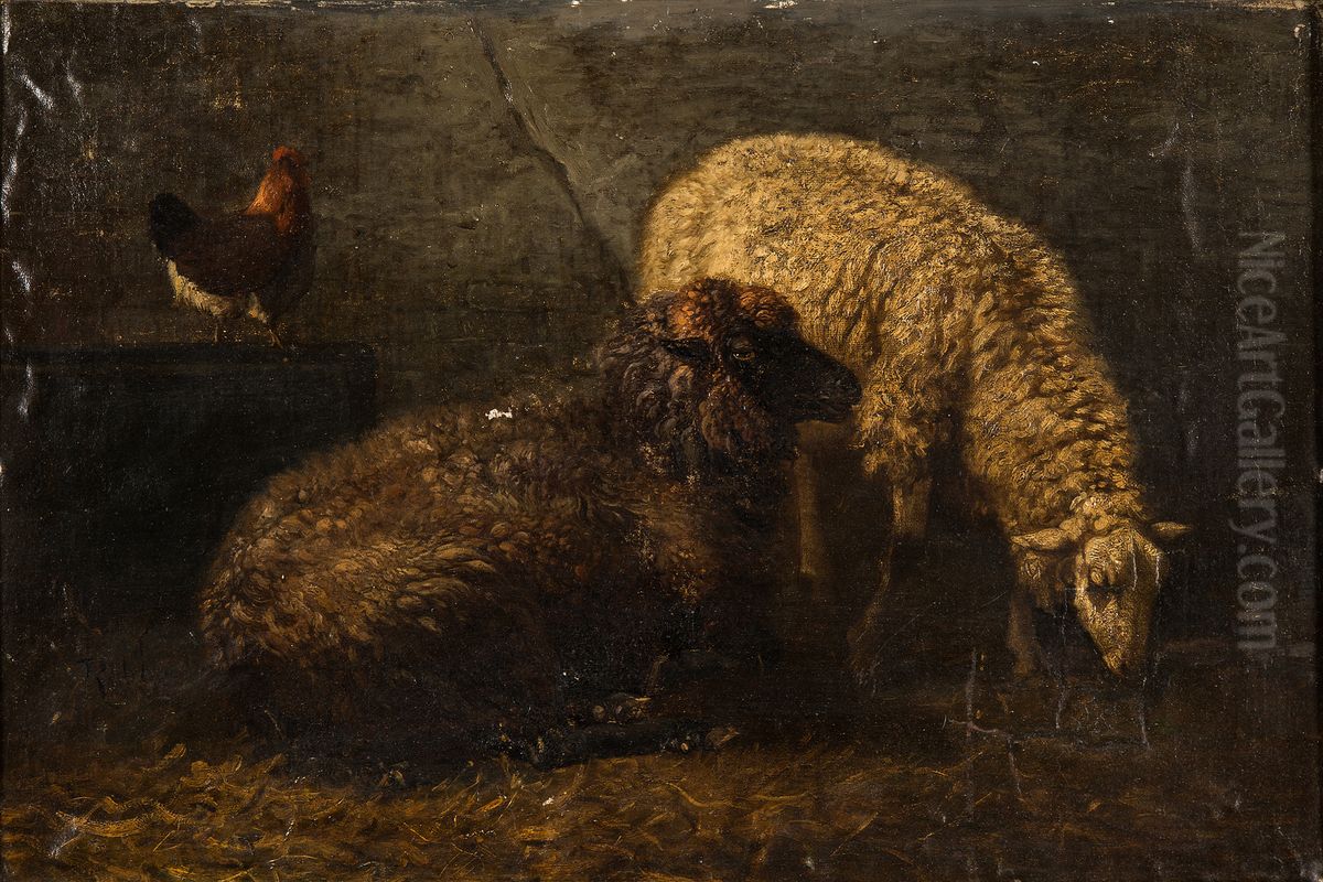 Two sheep and a hen in a stable Oil Painting by Louis Marie Dominique Romain Robbe