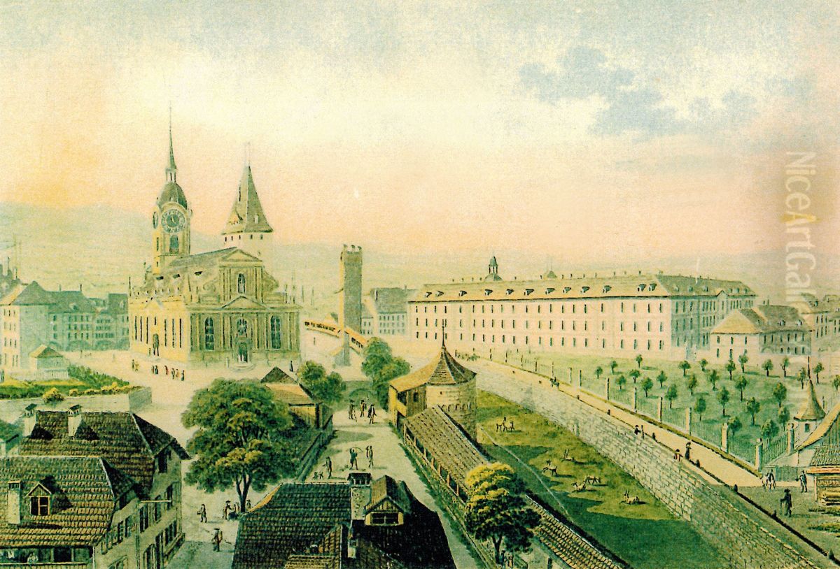 Holy Spirit Church, archers and turrets of Burgerspital, looking from Golatenmattgassturm Oil Painting by Jakob Samuel Weibel