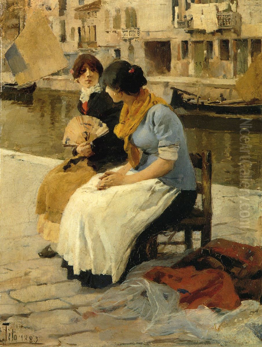 Ciacole sul canale Oil Painting by Ettore Tito