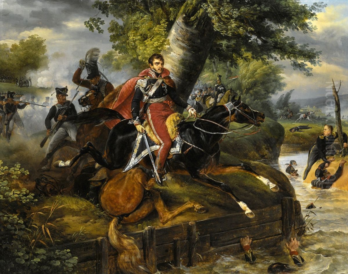 Death of Prince Poniatowski on October 19th. 1813 Oil Painting by Horace Vernet