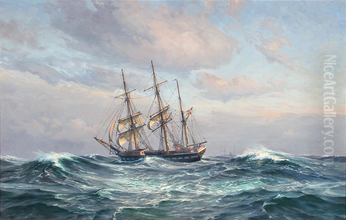 Seascape with sailing ship in high waves. Oil Painting by Vilhelm Arnesen
