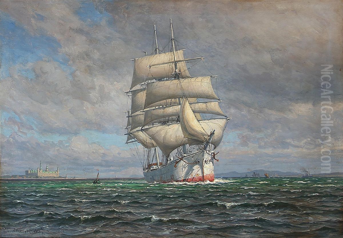 Seascape with a sailing ship and Kronborg Castle in the background. Oil Painting by Vilhelm Arnesen