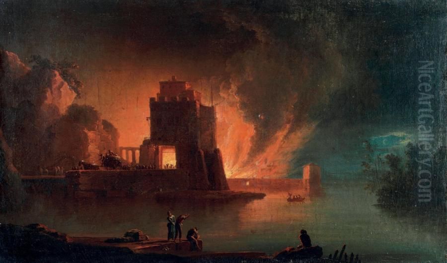Fire in a port Oil Painting by Francesco Fidanza