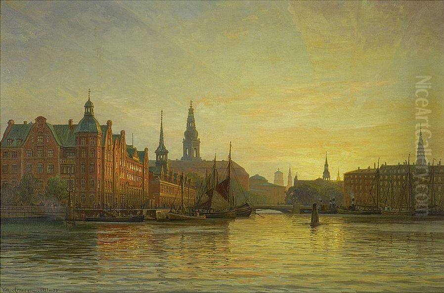 Udsigt til Langebro, Christiansborg og Borsen. Oil Painting by Vilhelm Arnesen