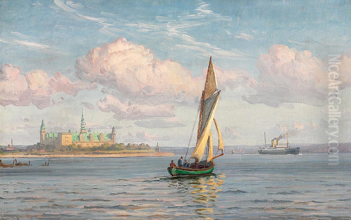 Ships off Kronborg castle. Oil Painting by Vilhelm Arnesen