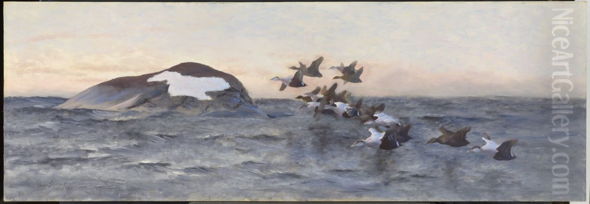 Eider ducks flying near a cliff Oil Painting by Bruno Andreas Liljefors
