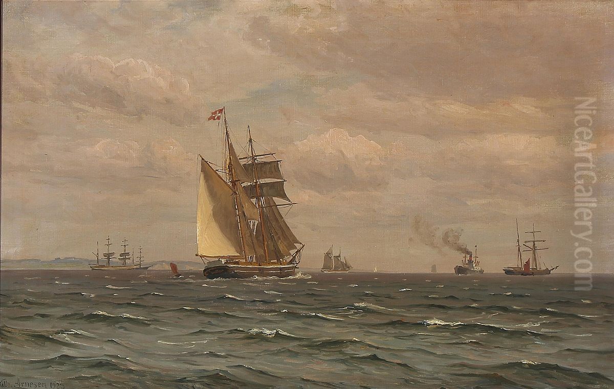 Seascape with sailing ships and a steamer. Oil Painting by Vilhelm Arnesen