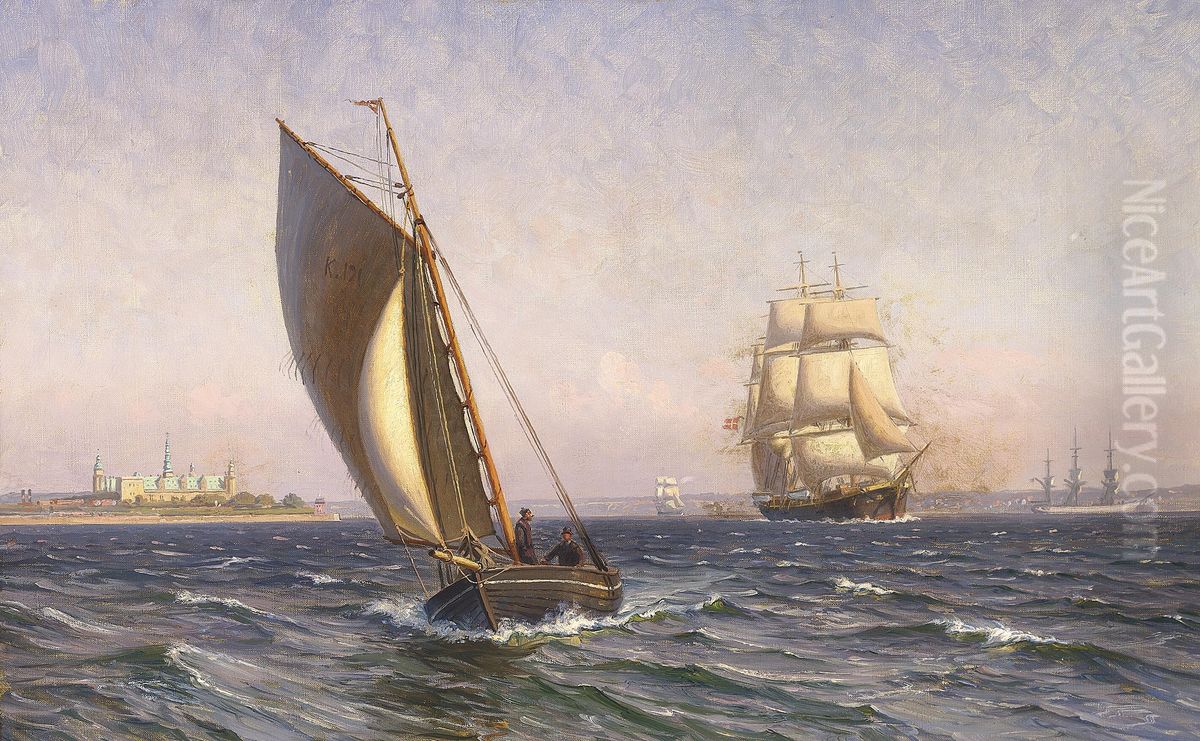 Sejlskibe ud for Kronborg en sommerdag. Oil Painting by Vilhelm Arnesen