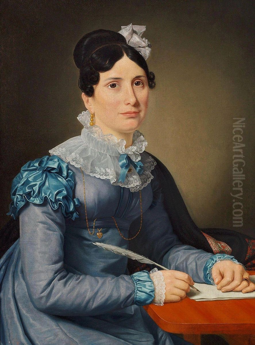 Portraet af Sarah Wolff f. Cruttendon siddende i bla kjole, skrivende et brev Oil Painting by Christoffer Wilhelm Eckersberg