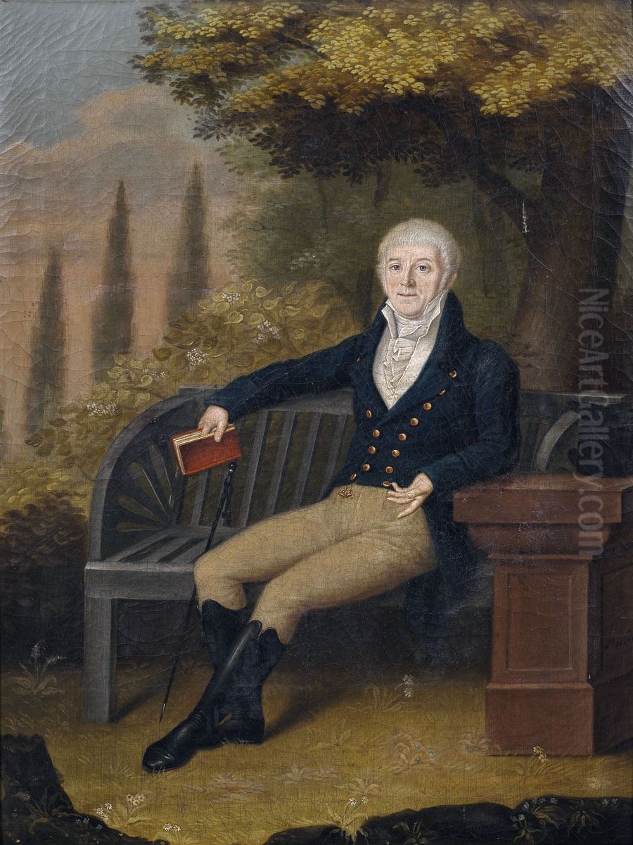 Portrait des Ulmer Buchhandlers Christian Gottlob Ebner (1755-1821) auf einer Parkbank. Oil Painting by Unidentified painter