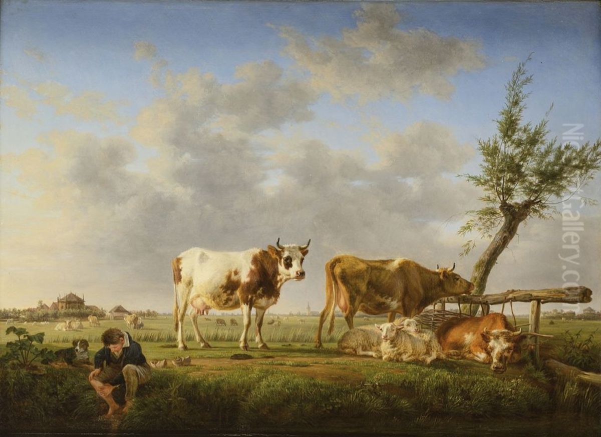 Shepherd and his flock Oil Painting by Jean Baptiste Berre