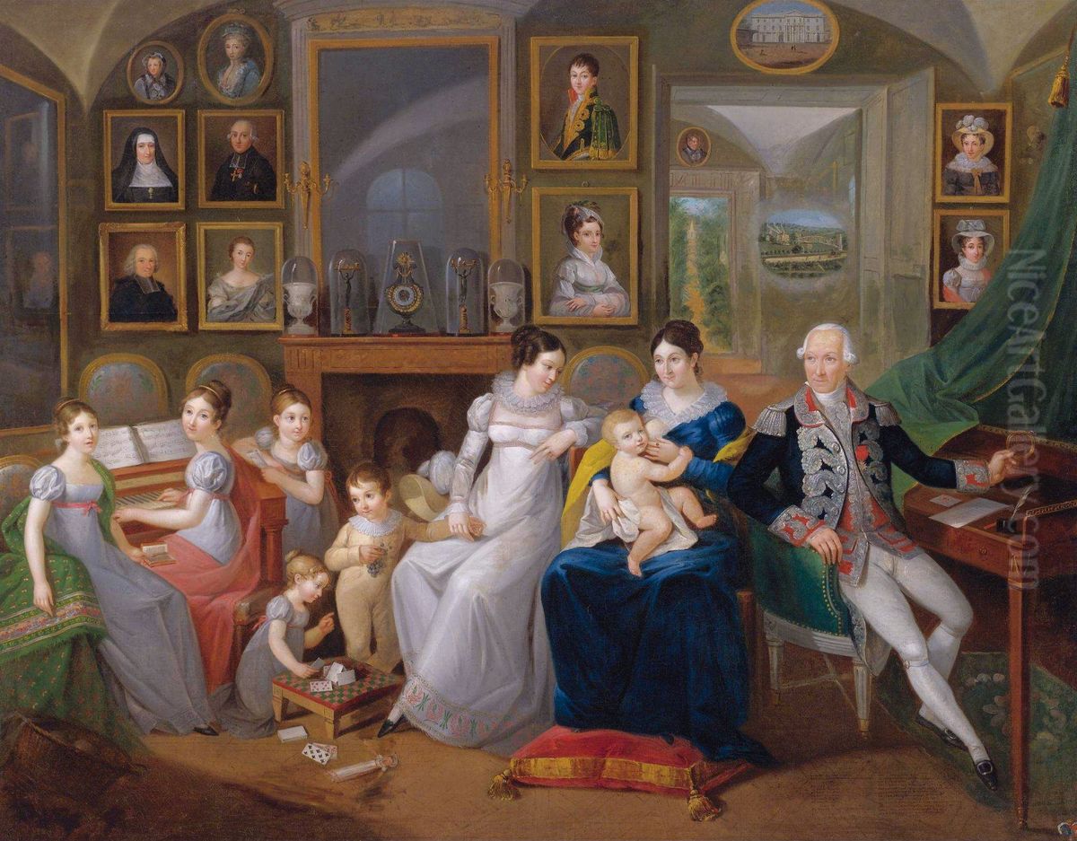 Gabriel Joseph de Froment, Baron de Castille (1747 - 1826) and his wife Princess Hermine Aline Dorothee de Rohan (1785 - 1843) with their family Oil Painting by Unidentified painter