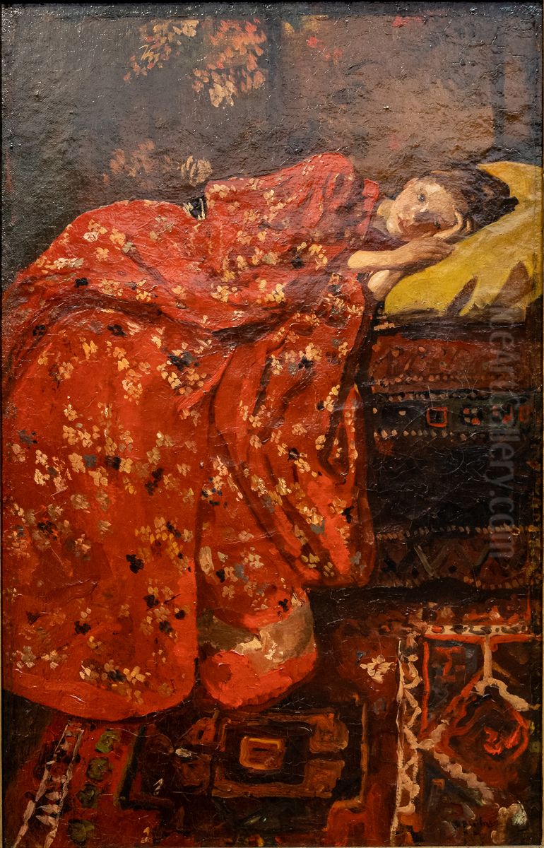 Madchen mit rotem Kimono (Geesje Kwak) Oil Painting by George Hendrik Breitner