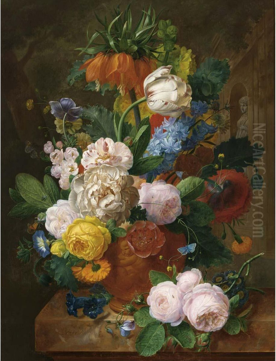 Flower still life in a terracotta vase Oil Painting by Jan Frans Eliaerts