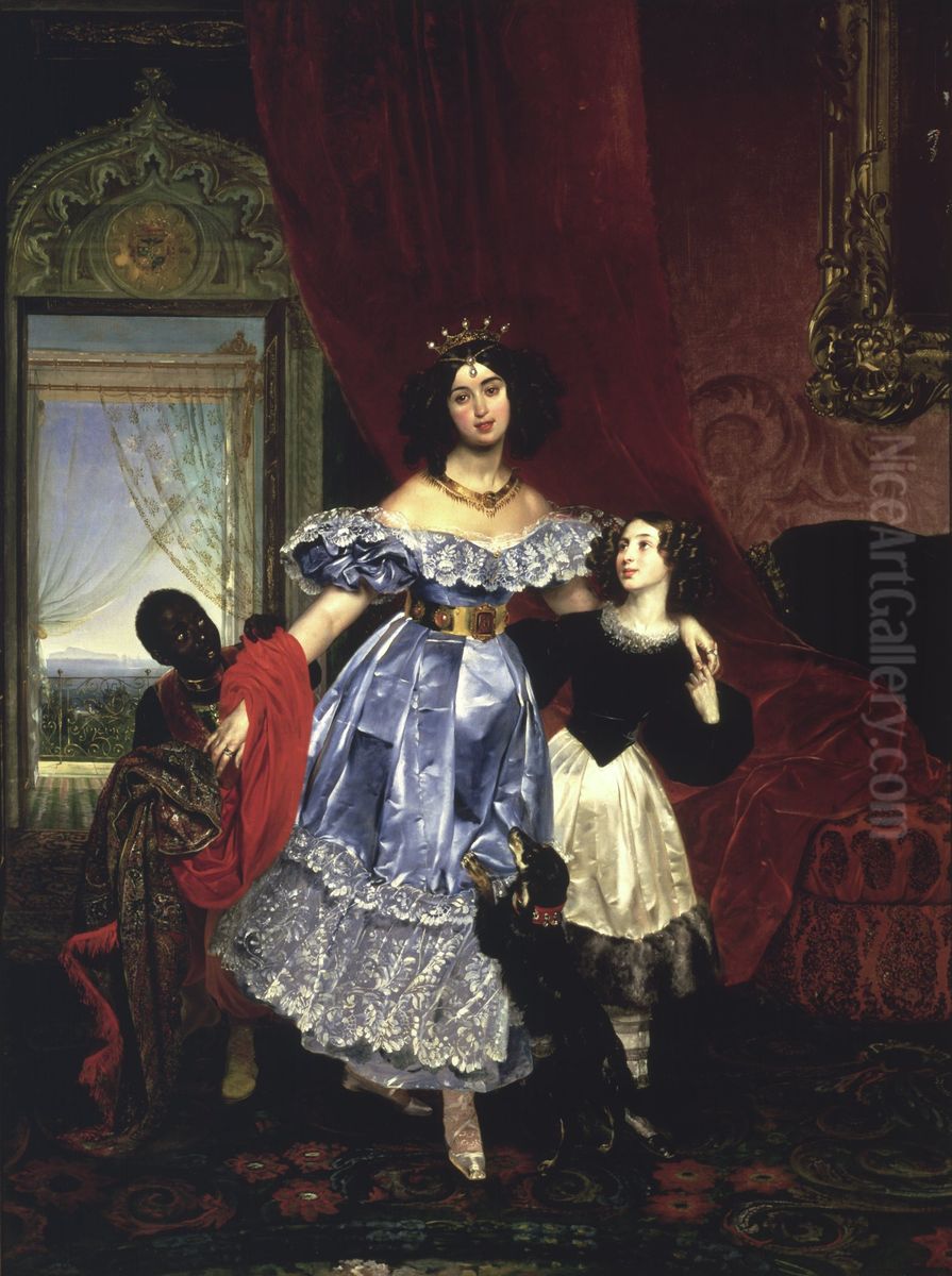 Portrait of Countess Samoilova with (Giovanina) Amazilia Pacini and black boy Oil Painting by Karl Bryullov