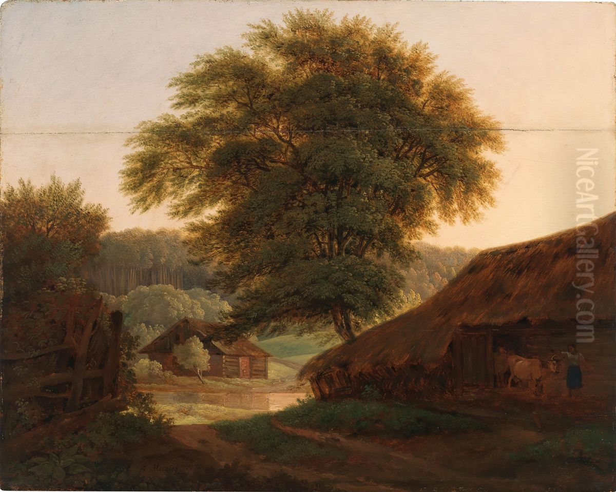 A Landscape with a Tree Oil Painting by Bedrich Havranek