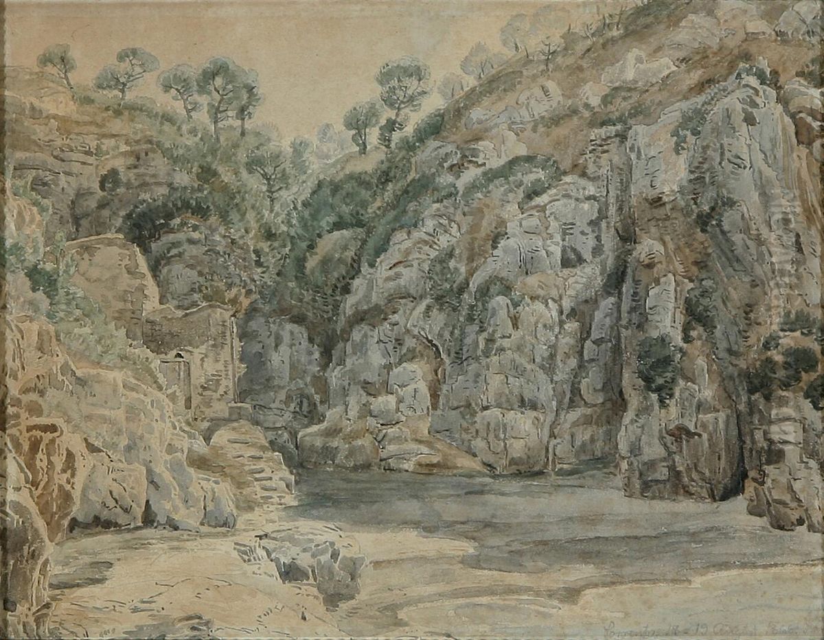 Klippelandskab med oliventraeer, Sorrento. Oil Painting by Janus Andreas Bartholin La Cour