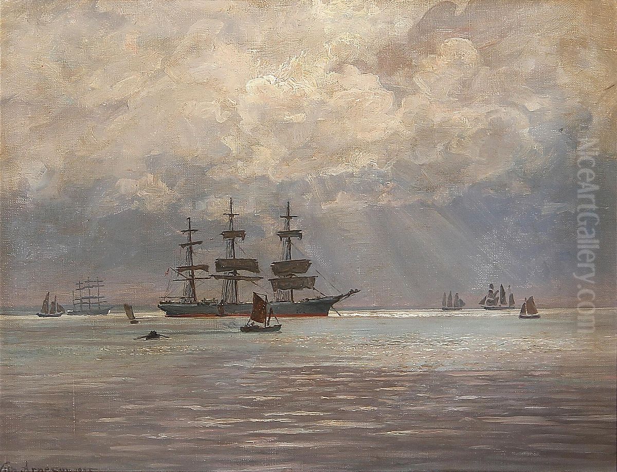 Marine med sejlskibe pa abent hav. Oil Painting by Vilhelm Arnesen