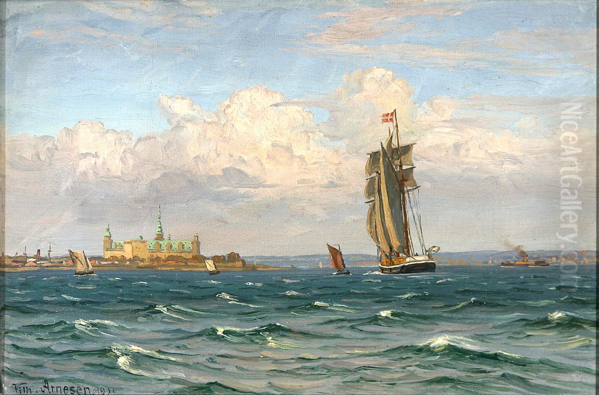 Sejlskib og faerge ud for Kronborg. Oil Painting by Vilhelm Arnesen