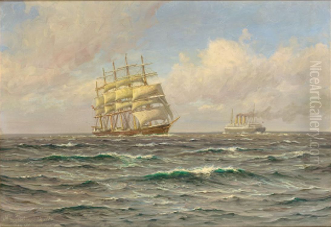 An encounter. The World's largest sailing ship,Kobenhavnmeets the World's largest steamship, theMajesticin the Atlantic. Oil Painting by Vilhelm Arnesen