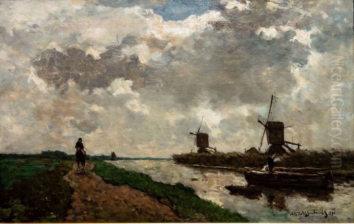 Polderlandschaft mit Muhlen Oil Painting by Johan Hendrik Weissenbruch