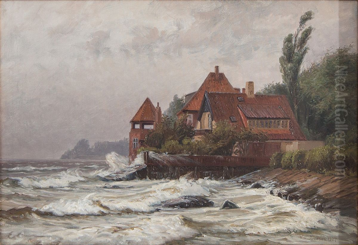 Fra stranden ved Helsingor. Oil Painting by Vilhelm Arnesen
