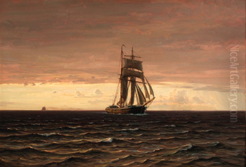 A topsail schooner at Dusk. Oil Painting by Vilhelm Arnesen