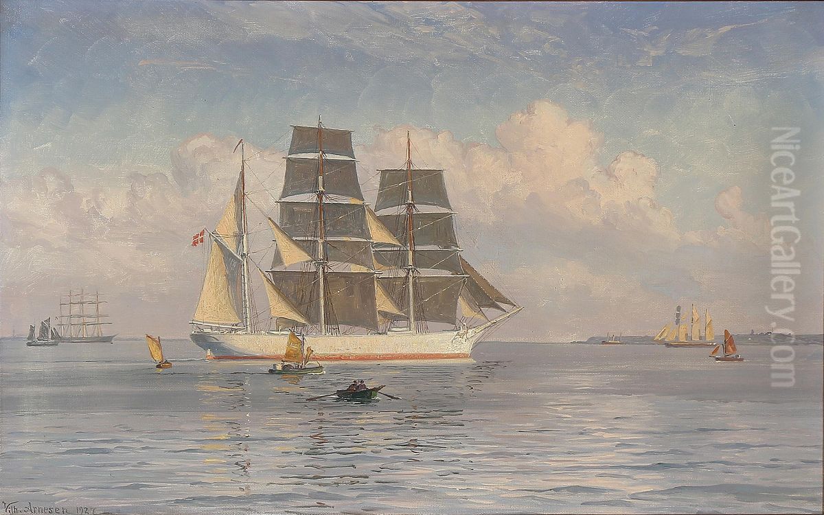 Summer day with sailing ships and boats. Oil Painting by Vilhelm Arnesen