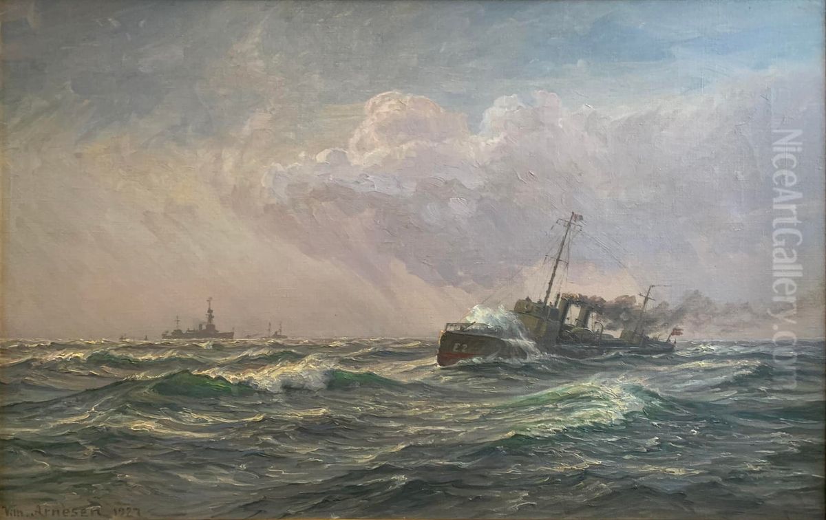 The torpedo boat Delfinen in Kattegat. Oil Painting by Vilhelm Arnesen