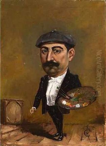 Autoportrait En Pied Dans L'atelier, Sa Palette A La Main. Oil Painting by (Emmanuel Poire) Caran d'Ache