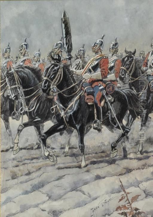 Un Groupe De Soldats Lanciers A Cheval Oil Painting by (Emmanuel Poire) Caran d'Ache