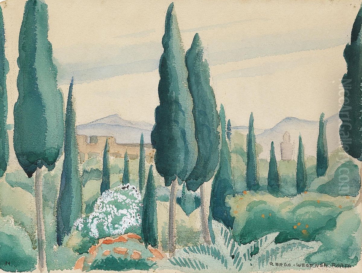 A Moroccan landscape with pine trees. Oil Painting by Gerda Wegener