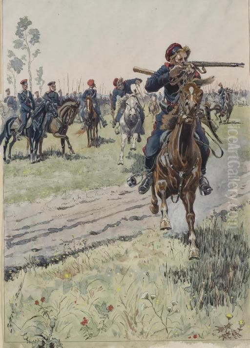 Un Cavalier Pret A Tirer, Des Officiers A Cheval A L'arriere-plan Oil Painting by (Emmanuel Poire) Caran d'Ache