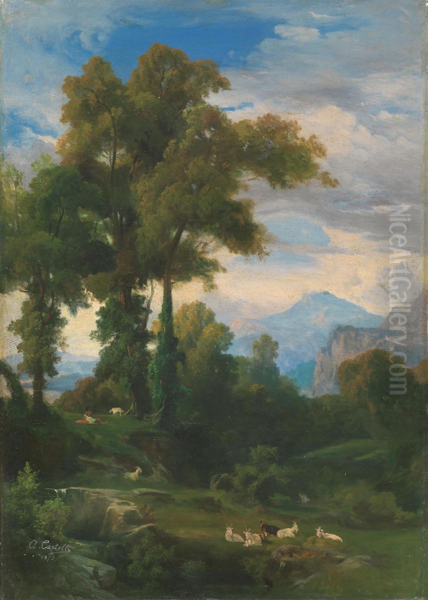 Paesaggio con capre e pastore Oil Painting by Alessandro Castelli