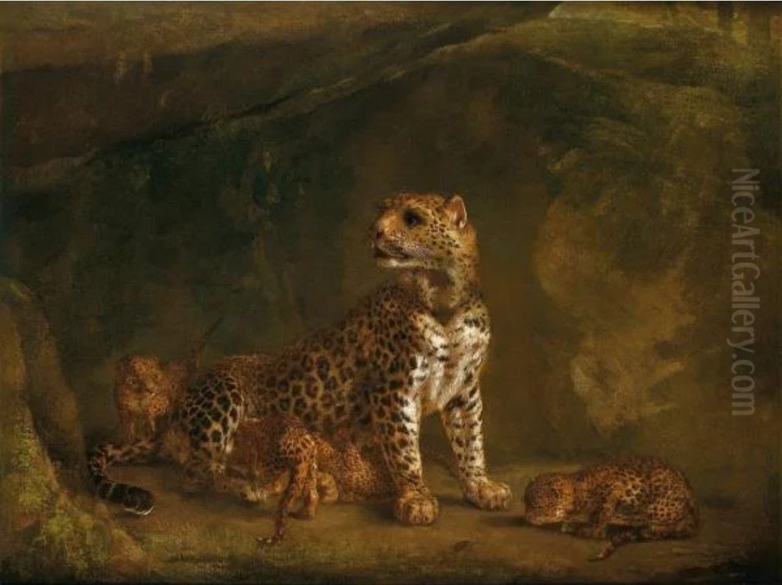 A leopard and its cubs Oil Painting by Jean Baptiste Berre
