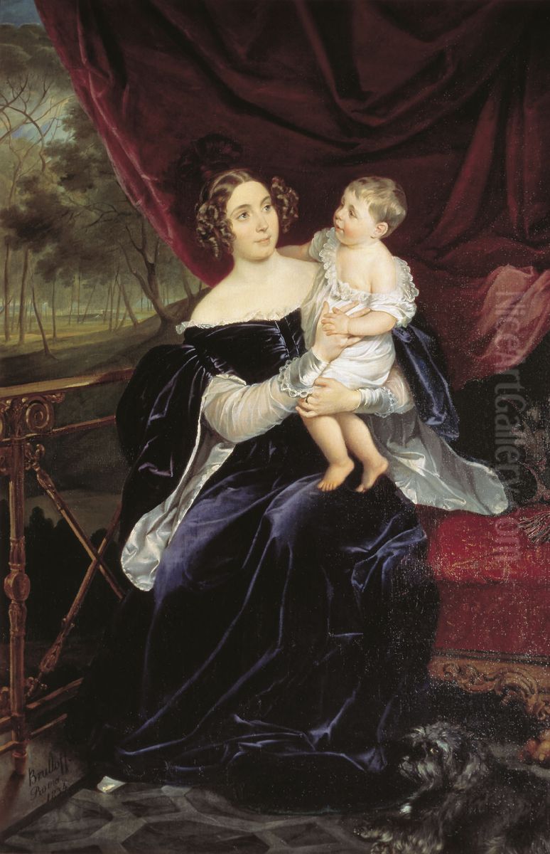 Portrait of the Princess Olga Ivanovna Orlova-Davydova with her daughter Natalya Vladimirovna (1833-1885) Oil Painting by Karl Bryullov