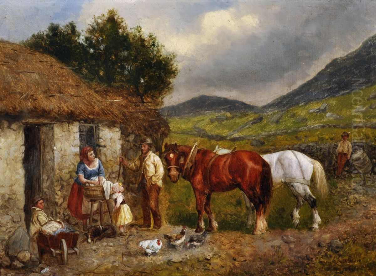 Figure, cavalli e anatre vicino a un cottage dal tetto di paglia Oil Painting by Alessandro Castelli