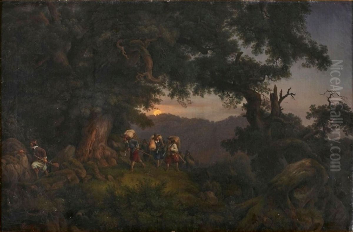 Paesaggio montano al chiaro di luna con soldati italiani Oil Painting by Alessandro Castelli