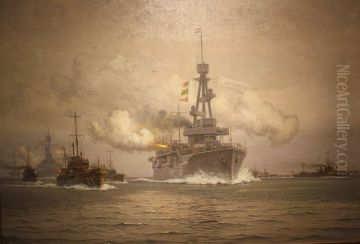 The Danish squadron salutes the King. Oil Painting by Vilhelm Arnesen